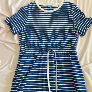 Blue and White Striped Crewneck Mini Dress with Waist Tie - Draper James